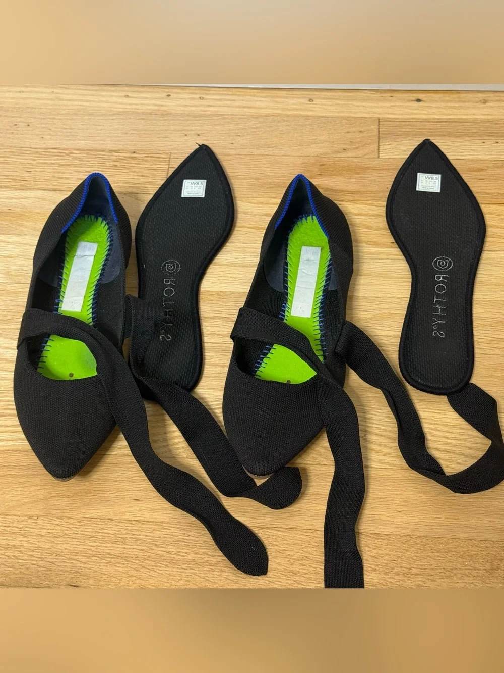 Rothy’s Pointed Toe Mary Jane Bow Tie Flat In Black Sz US W8.5
